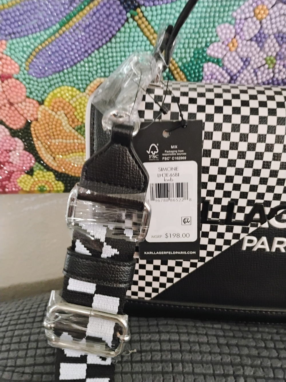 Karl Lagerfeld Black & White Logo Checker Satchel - Picture 3 of 4